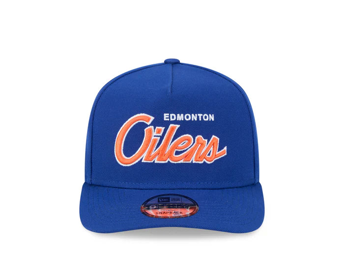 EDMONTON OILERS NEW ERA NHL SCRIPT 9FIFTY A-FRAME BLUE SNAPBACK HAT