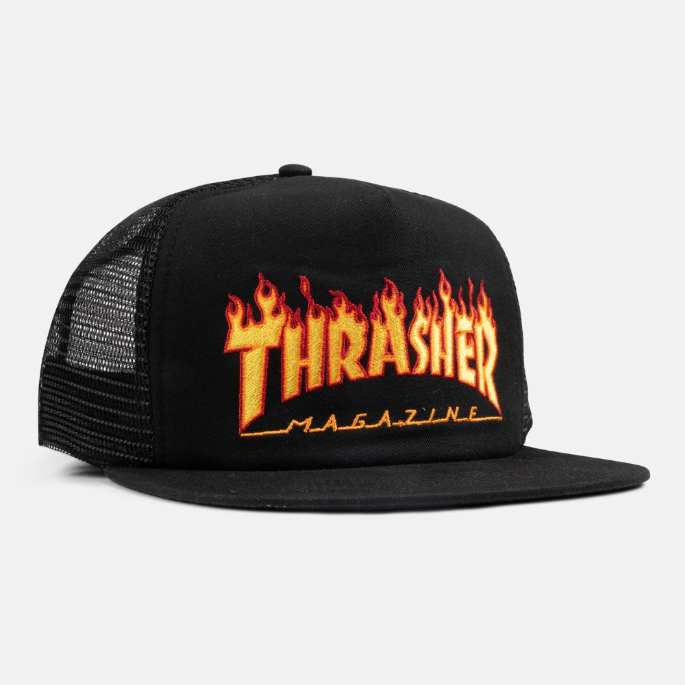 THRASHER FLAME LOGO TRUCKER SNAPBACK HAT BLACK
