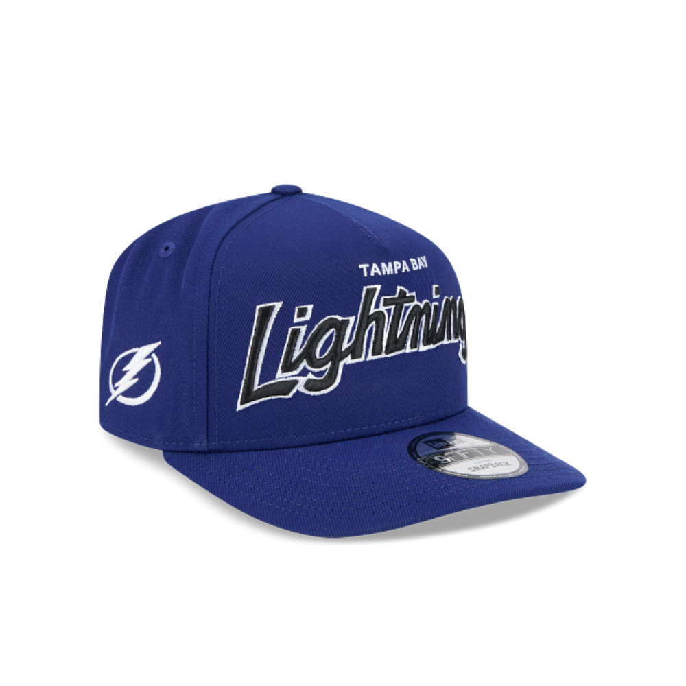 TAMPA BAY LIGHTNING NEW ERA NHL SCRIPT 9FIFTY A-FRAME BLUE SNAPBACK HAT