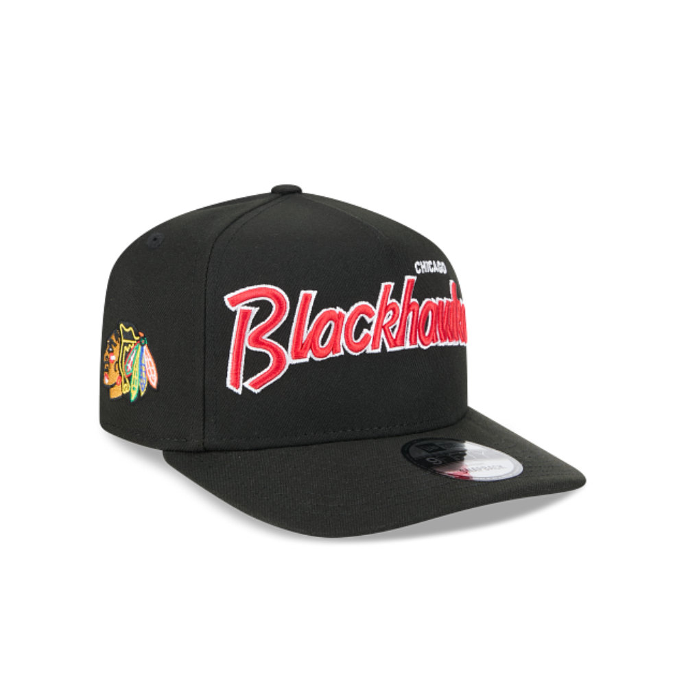 CHICAGO BLACKHAWKS 9FIFTY A-FRAME NEW ERA NHL BLACK SCRIPT SNAPBACK HAT