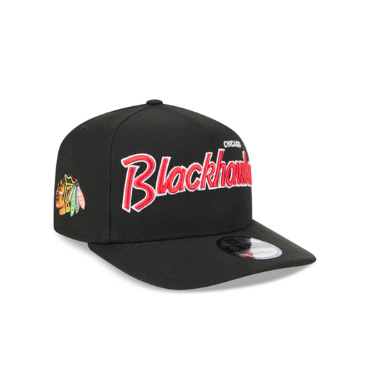 CHICAGO BLACKHAWKS 9FIFTY A-FRAME NEW ERA NHL BLACK SCRIPT SNAPBACK HAT