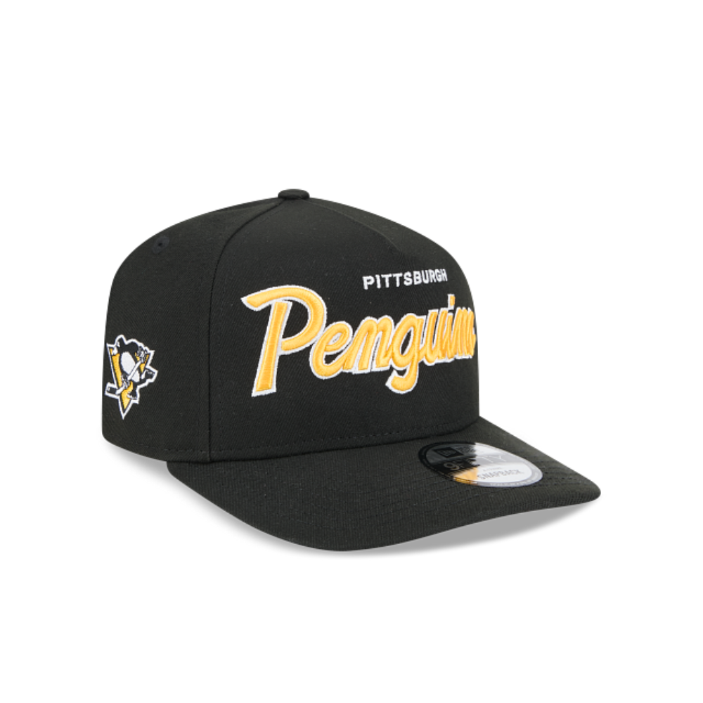 PITTSBURGH PENGUINS 9FIFTY A-FRAME NEW ERA NHL BLACK SCRIPT SNAPBACK HAT