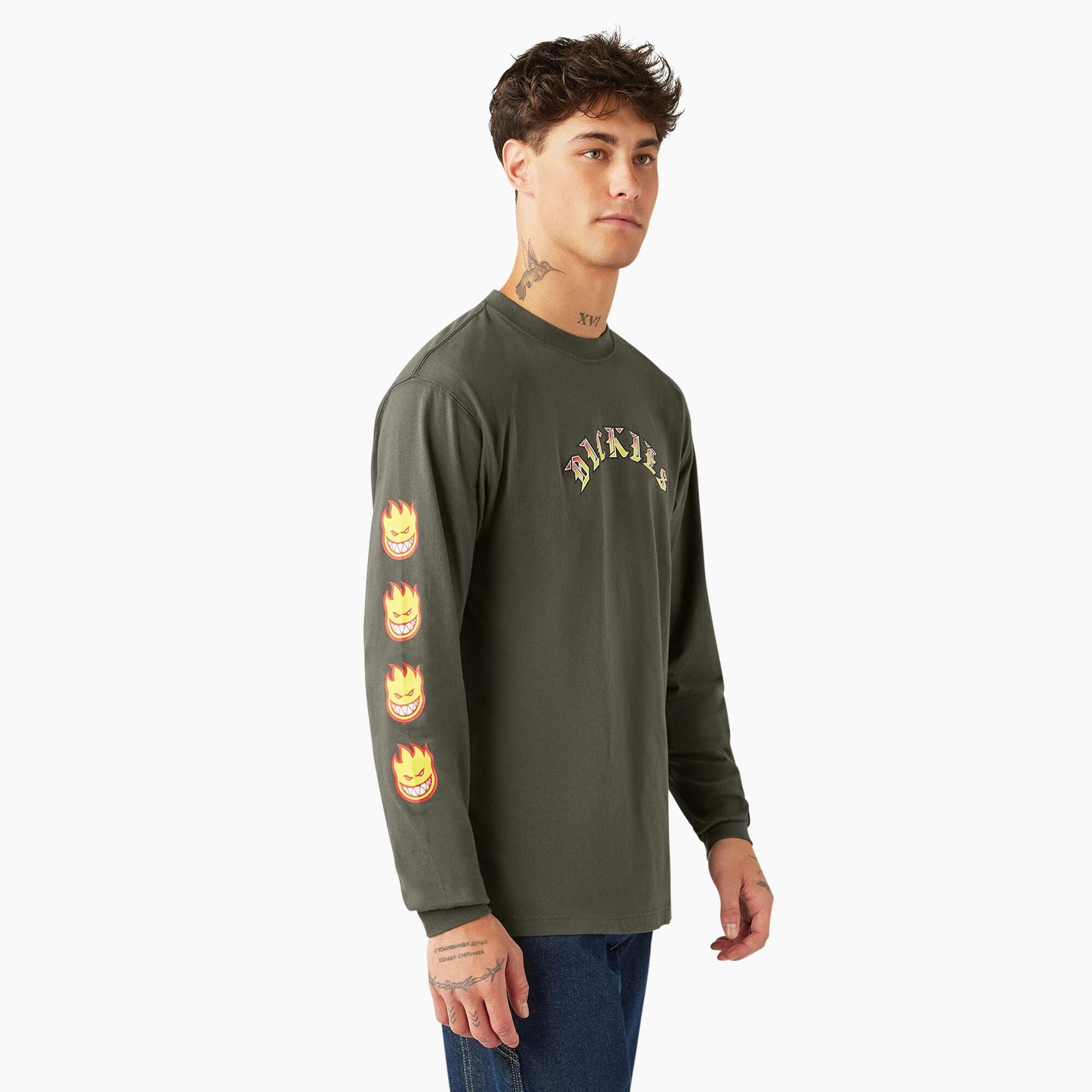 DICKIES X SPITFIRE GRAPHIC LONG SLEEVE T-SHIRT - OLIVE GREEN